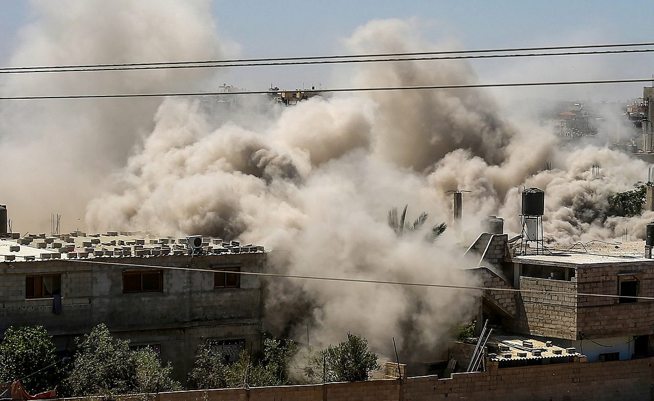 Smoke billowing after an Israeli air strike in Rafah, in the southern Gaza Strip, May 18, 2021. (Abed Rahim Khatib/Flash90)