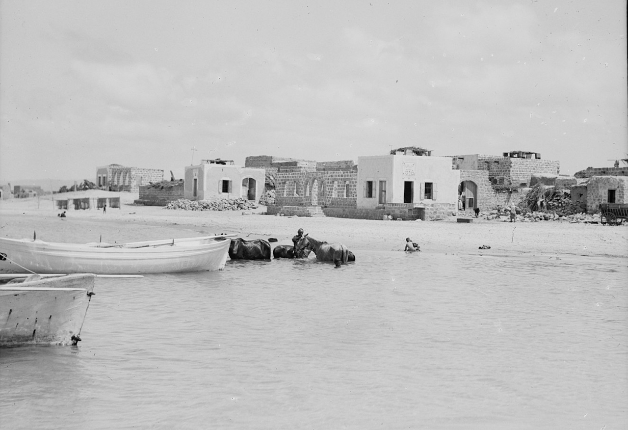The Palestinian coastal village of Tantura photographed sometime between 1920 and 1933, prior to the village's destruction. (Matson Collection)