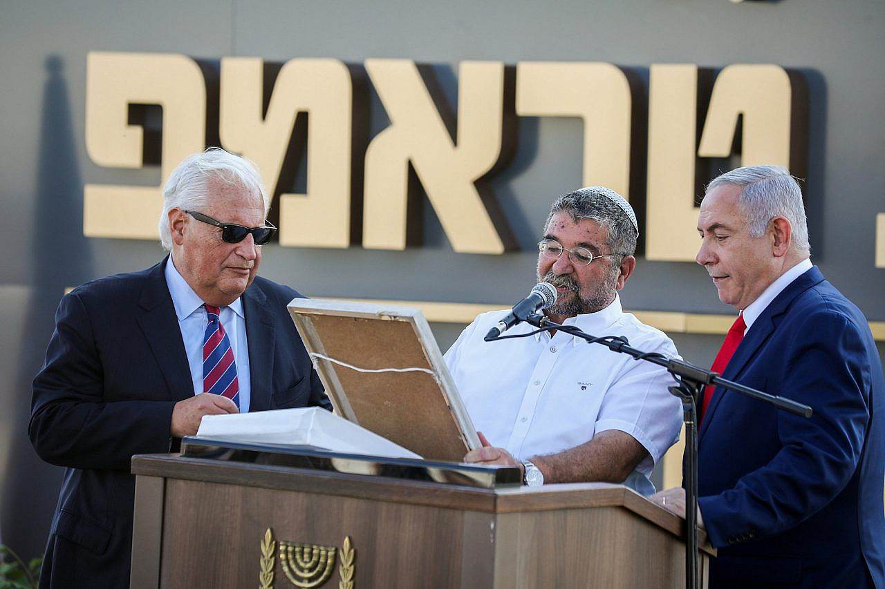 U.S. Ambassador to Israel David Friedman and former Prime Minister Benjamin Netanyahu at a laying of a cornerstone ceremony for Trump Heights in the northwestern Golan, June 16, 2019. (David Cohen/Flash90)