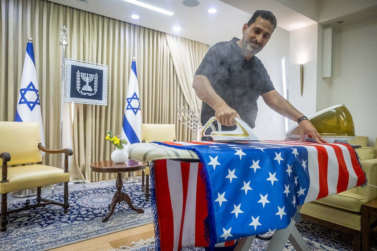 Staff from Israel President's Residence prepare for the upcoming visit by President Joe Biden, July 11, 2022. (Yonatan Sindel/Flash90)