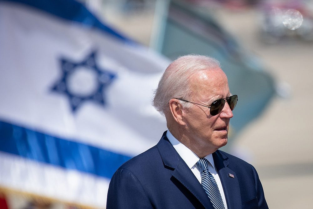 U.S. president Joe Biden during a welcoming ceremony at Ben Gurion Airport near Tel Aviv for his first official visit to Israel since becoming president, July 13, 2022. (Sraya Diamant/Flash90)