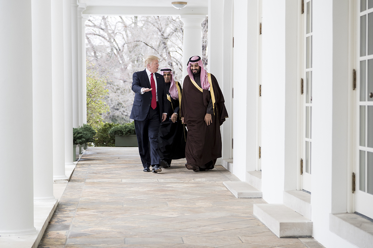 President Donald Trump walks with Mohammed bin Salman along the West Colonnade of the White House, Tuesday, March 14, 2017. (Shealah Craighead/Official White House Photo)