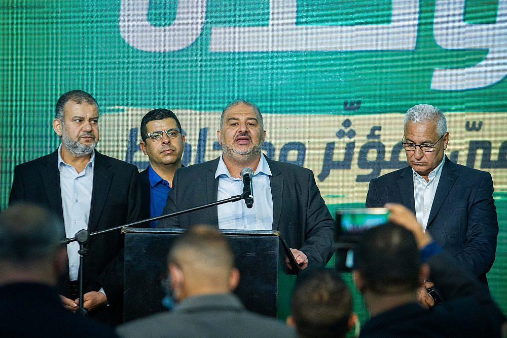 Ra'am leader Mansour Abbas and party members at the party headquarters in Tamra, on election night, March 23, 2021. (Flash90)