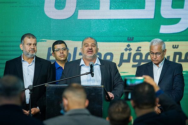 Ra'am leader Mansour Abbas and party members at the party headquarters in Tamra, on election night, March 23, 2021. (Flash90)