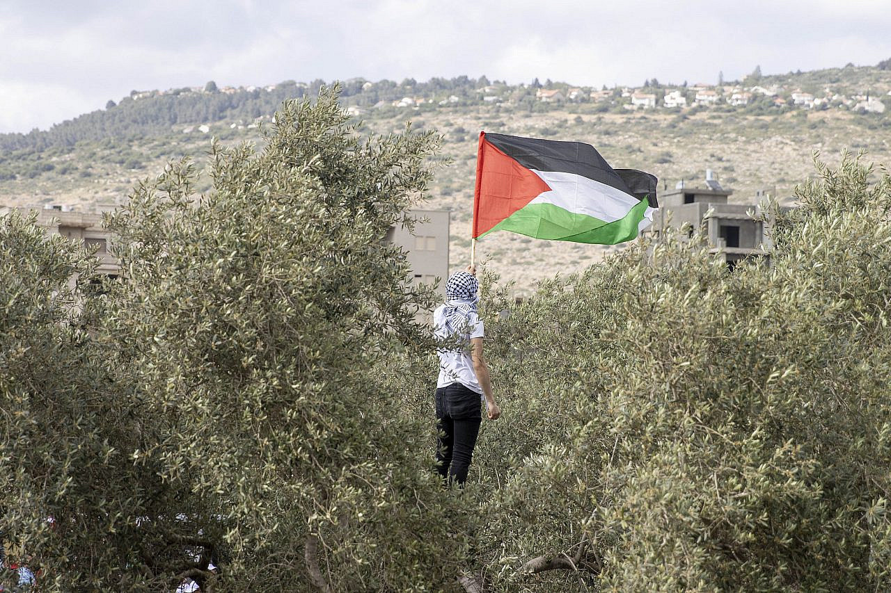 A participant in the annual March of Return holds a Palestinian flag at the depopulated village of Mi'ar, northeast of Haifa, May 5, 2022. (Activestills/Heather Sharona Weiss)