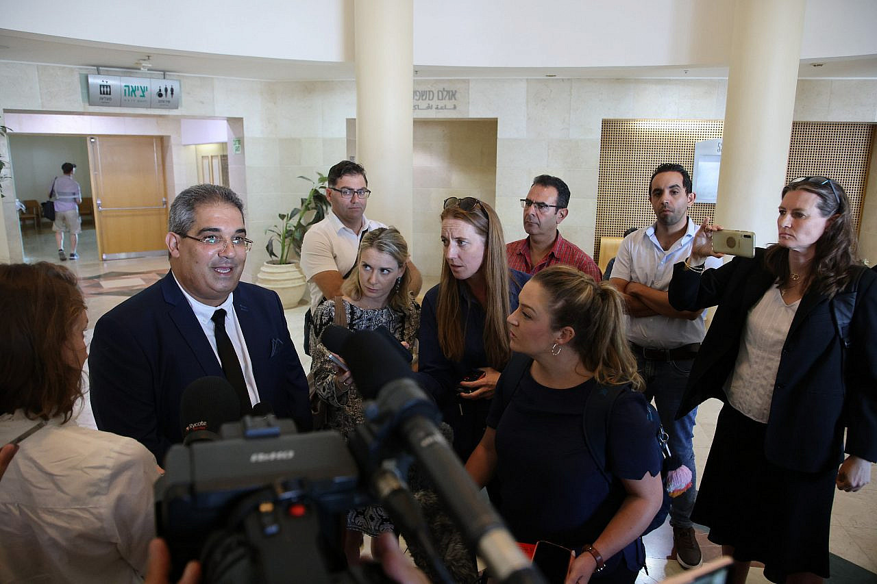 Maher Hanna, Mohammed Halabi's lawyer, speaking to press at the Be'er Sheva District Court after Halabi's final hearing, June 15, 2022. (Oren Ziv)