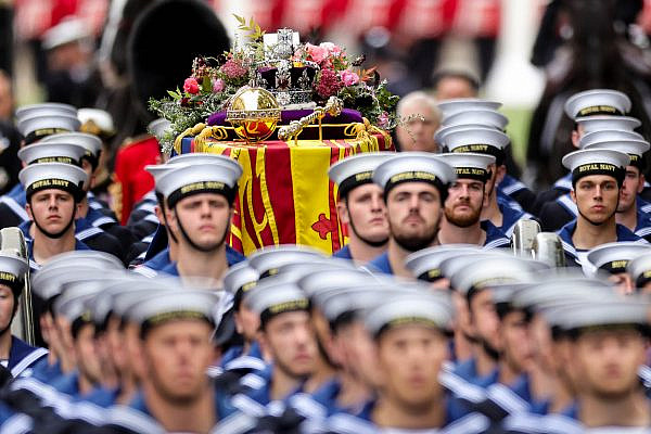 Queen's funeral cortege borne on the State Gun Carriage of the Royal Navy carrying Queen Elizabeth II to Westminster Abbey, London, United Kingdom, September 19, 2022. (UK Government/CC BY-NC-ND 2.0)