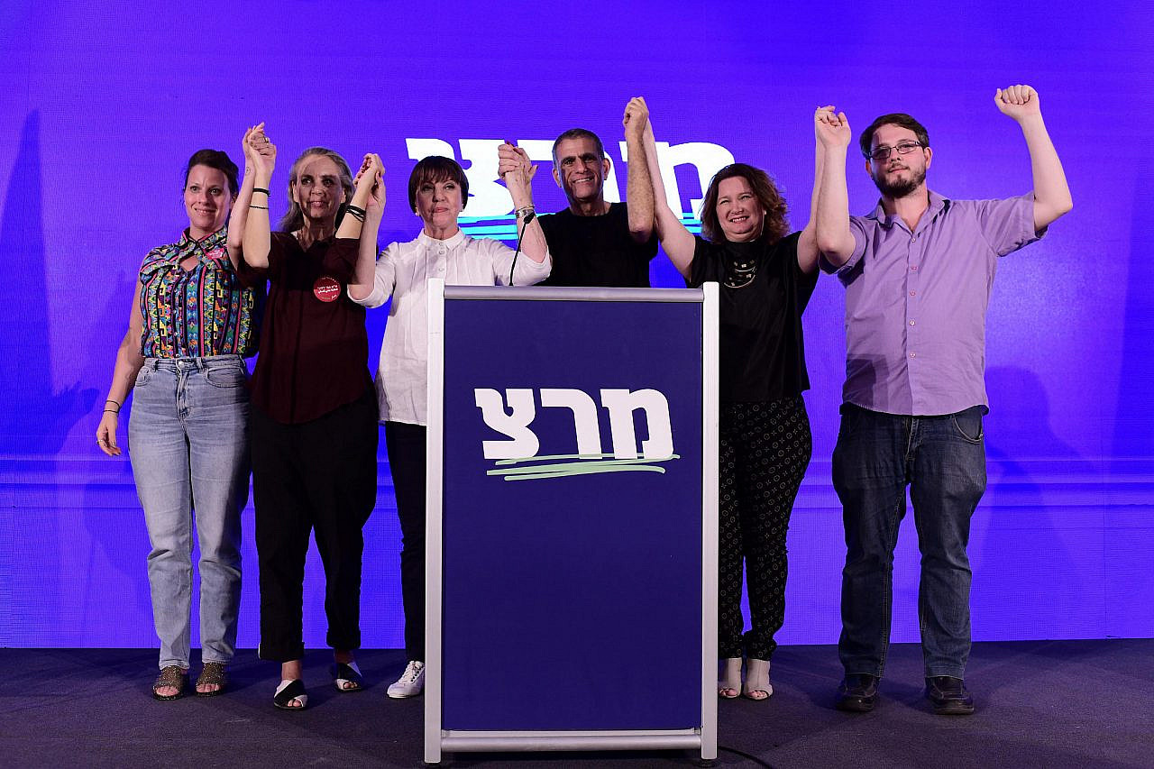 Meretz Chairwoman Zehava Galon seen with Meretz MK's and party members after the results were announced at party's primary elections, Tel Aviv, August 23, 2022. (Tomer Neuberg/Flash90)