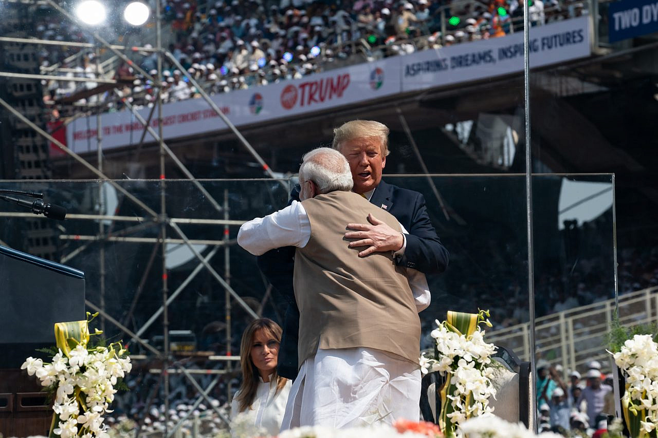 As First Lady Melania Trump looks on, President Donald J. Trump embraces Indian Prime Minister Narendra Modi during the Namaste Trump Rally Monday, Feb. 24, 2020, at Motera Stadium in Ahmedabad, India. (Official White House Photo by Andrea Hanks)