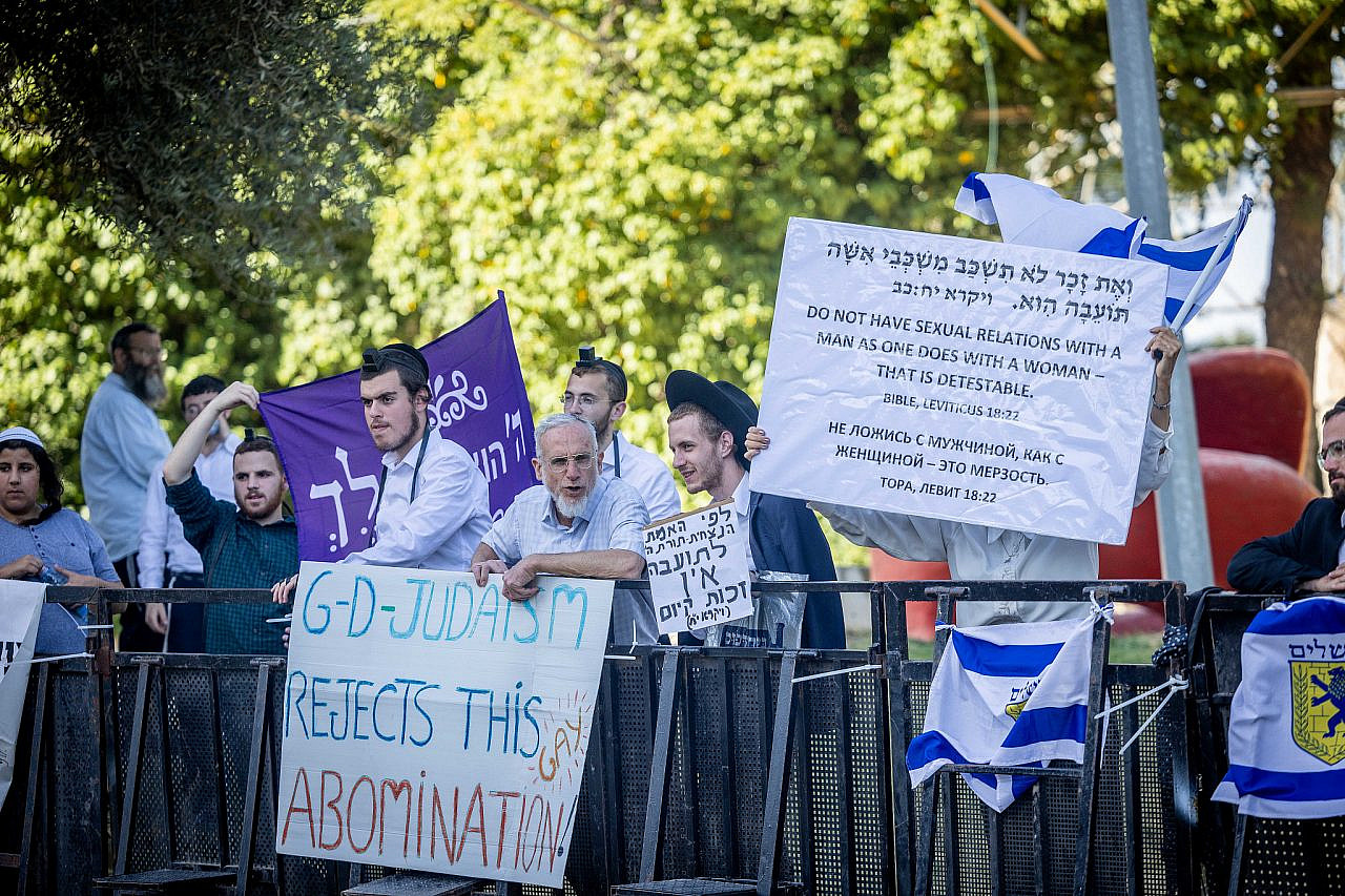 A demonstration against the annual gay pride parade in Jerusalem, June 2, 2022. (Yonatan Sindel/Flash90)