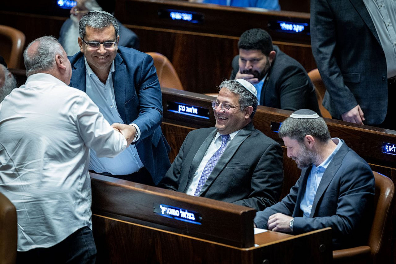 (From right) Members of Knesset Bezalel Smotrich, Itamar Ben Gvir, Dudi Amsalem, and Ofir Sofer seen during a vote for the new Knesset speaker, Jerusalem, December 13, 2022. (Yonatan Sindel/Flash90)