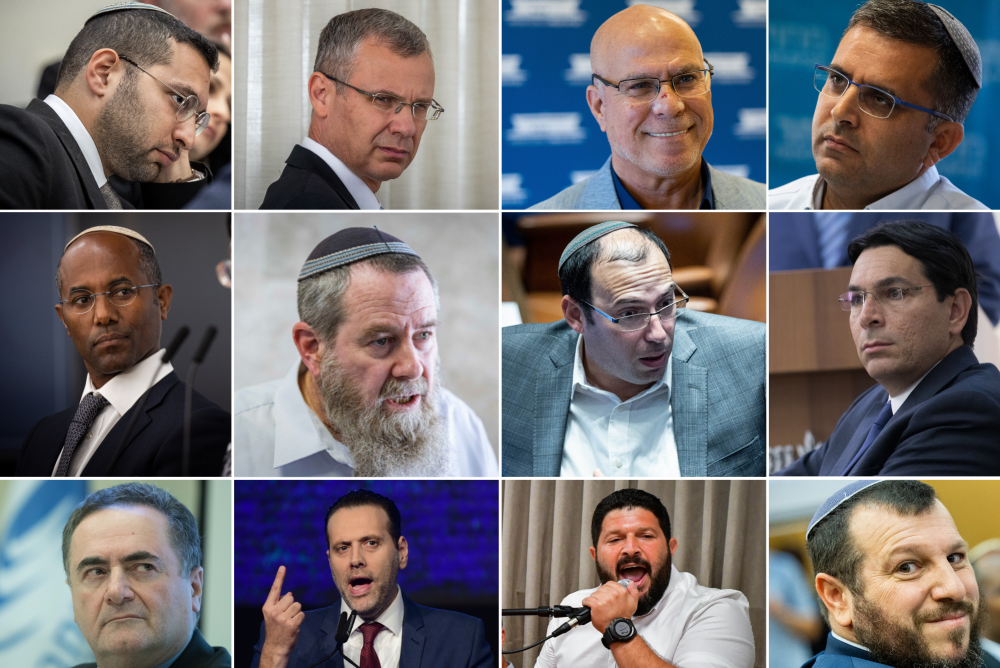 Members of the new Knesset. Top row left to right: Yitzhak Wasserlauf, Yariv Levin, Zvika Fogel, Ofir Sofer; middle row left to right: Moshe Solomon, Avi Maoz, Simcha Rothman, Danny Danon; bottom row left to right: Yisrael Katz, Miki Zohar, Almog Cohen, Amichai Eliyahu. (Flash90)