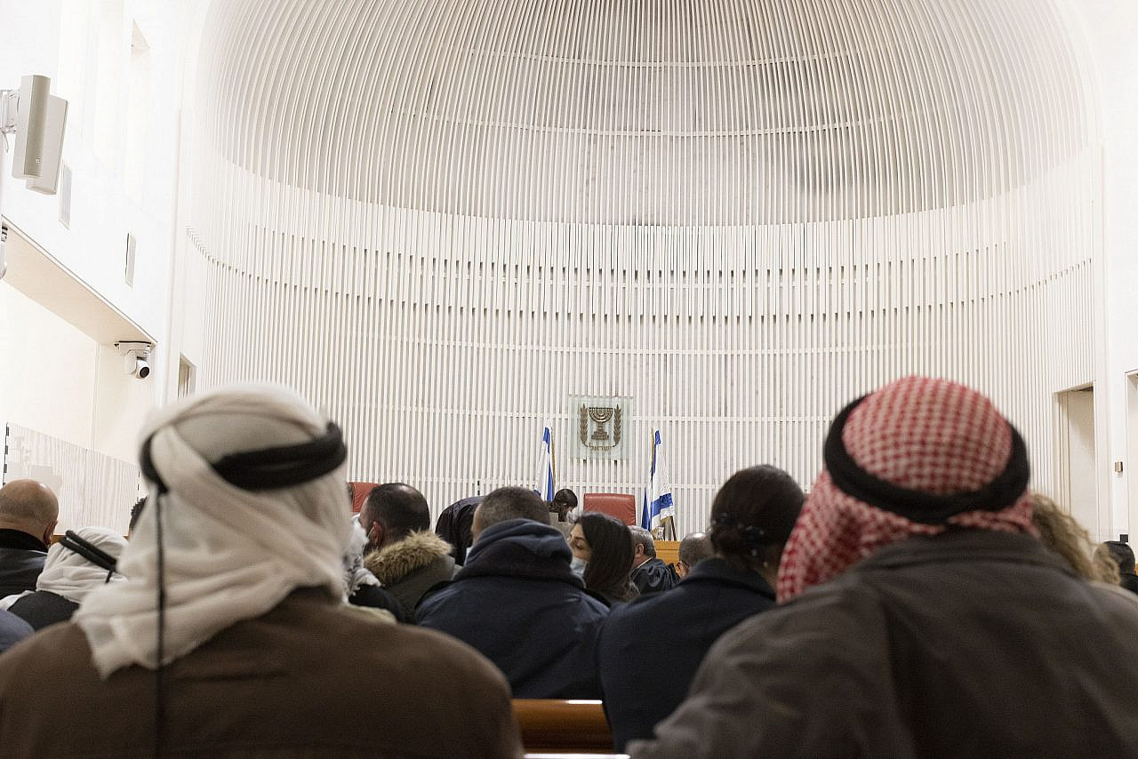 Palestinian residents of Masafer Yatta attend the final hearing at the Israeli Supreme Court regarding Israel's plans to expel over 1,000 residents from the area, Jerusalem, March 15, 2022. (Oren Ziv)