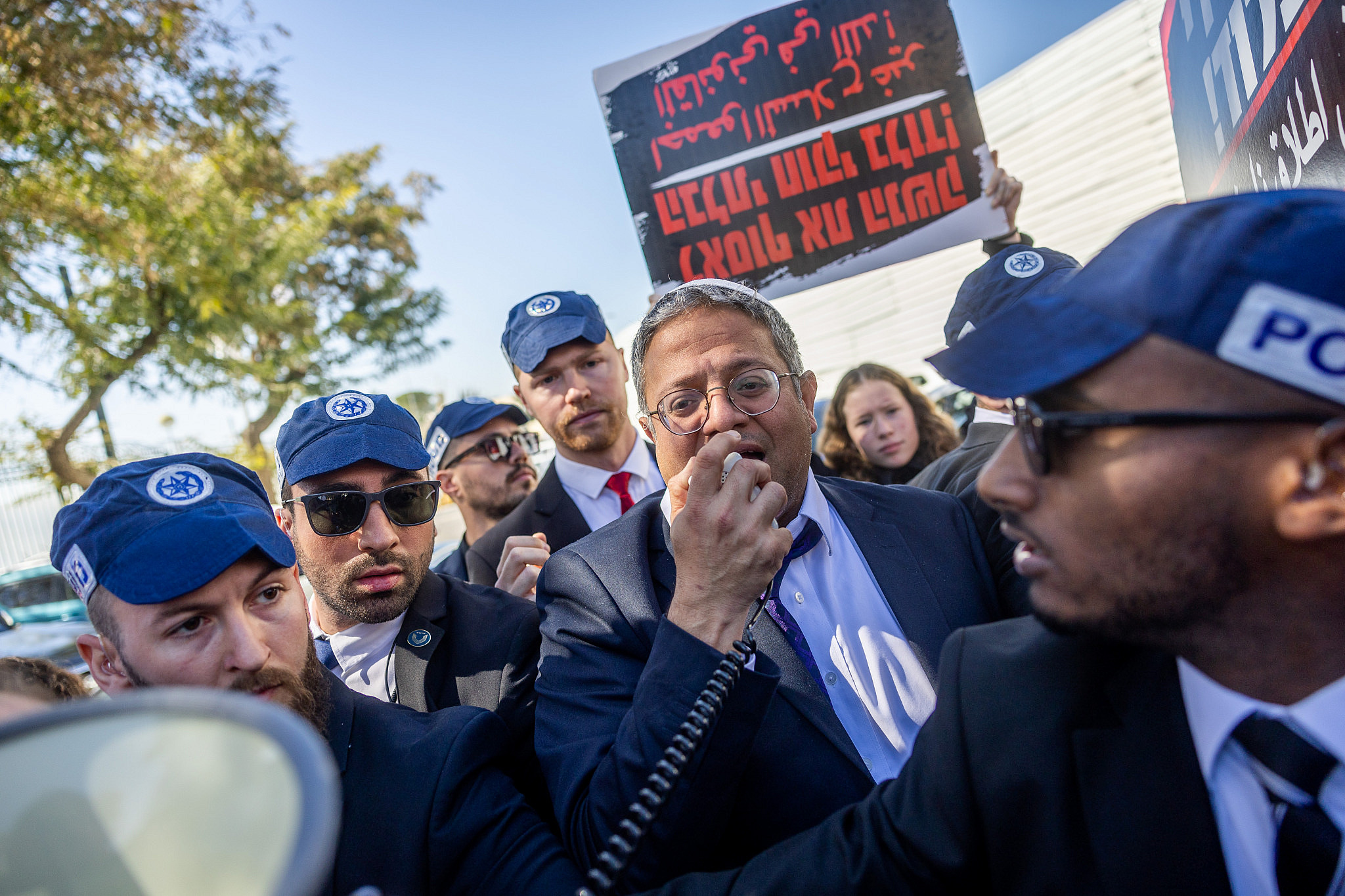 Israeli Minister of National Security Itamar Ben Gvir during a protest of Lod residents outside the Prime Minister's Office Jerusalem, against the ongoing violence in their city, February 19, 2023. (Yonatan Sindel/Flash90)