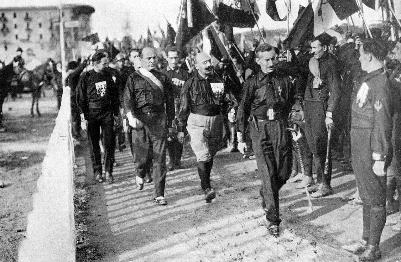 Benito Mussolini (second from left) and his followers during the March on Rome, October 24, 1922. 