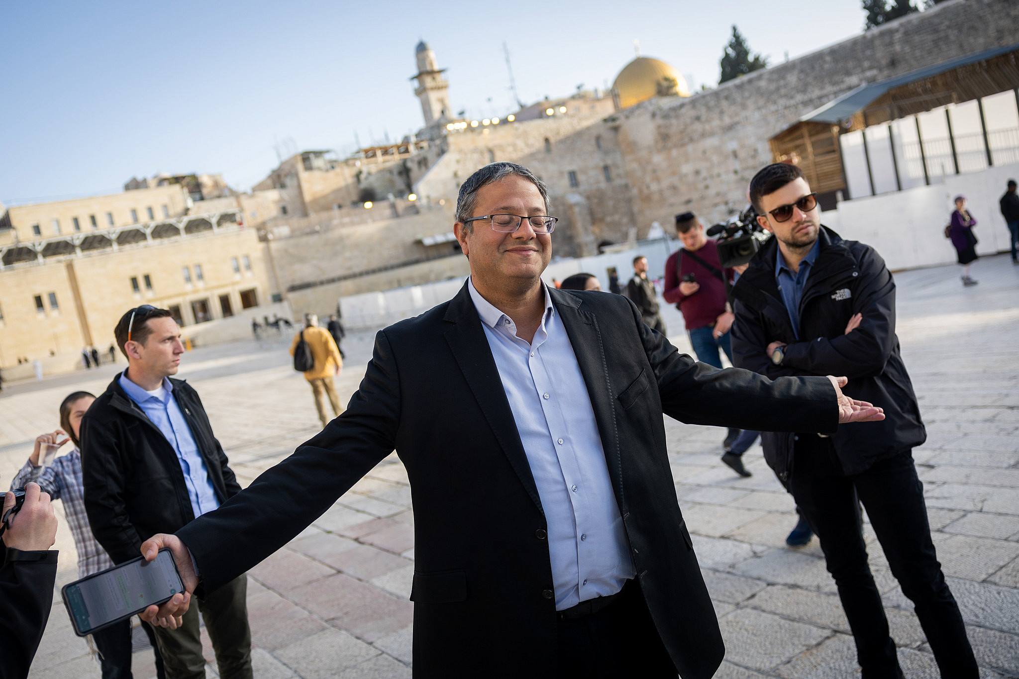 MK Itamar Ben Gvir seen after visiting the Temple Mount, at the Western Wall in Jerusalem's Old City, March 31, 2022. (Yonatan Sindel/Flash90)