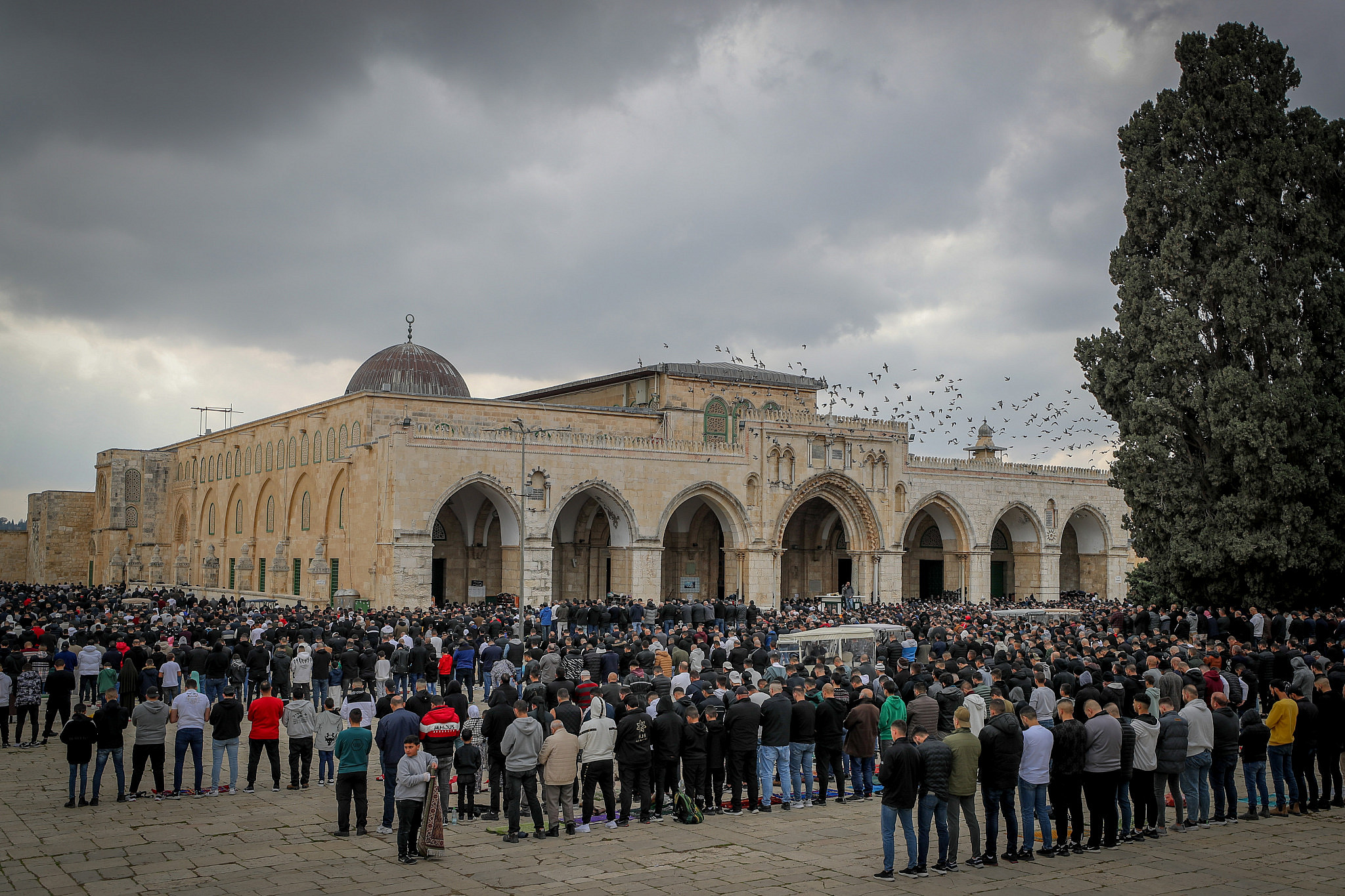 Palestinians attend Friday prayers at the Al-Aqsa Mosque compound in the Old City of Jerusalem, February 24, 2023. (Jamal Awad/Flash90)