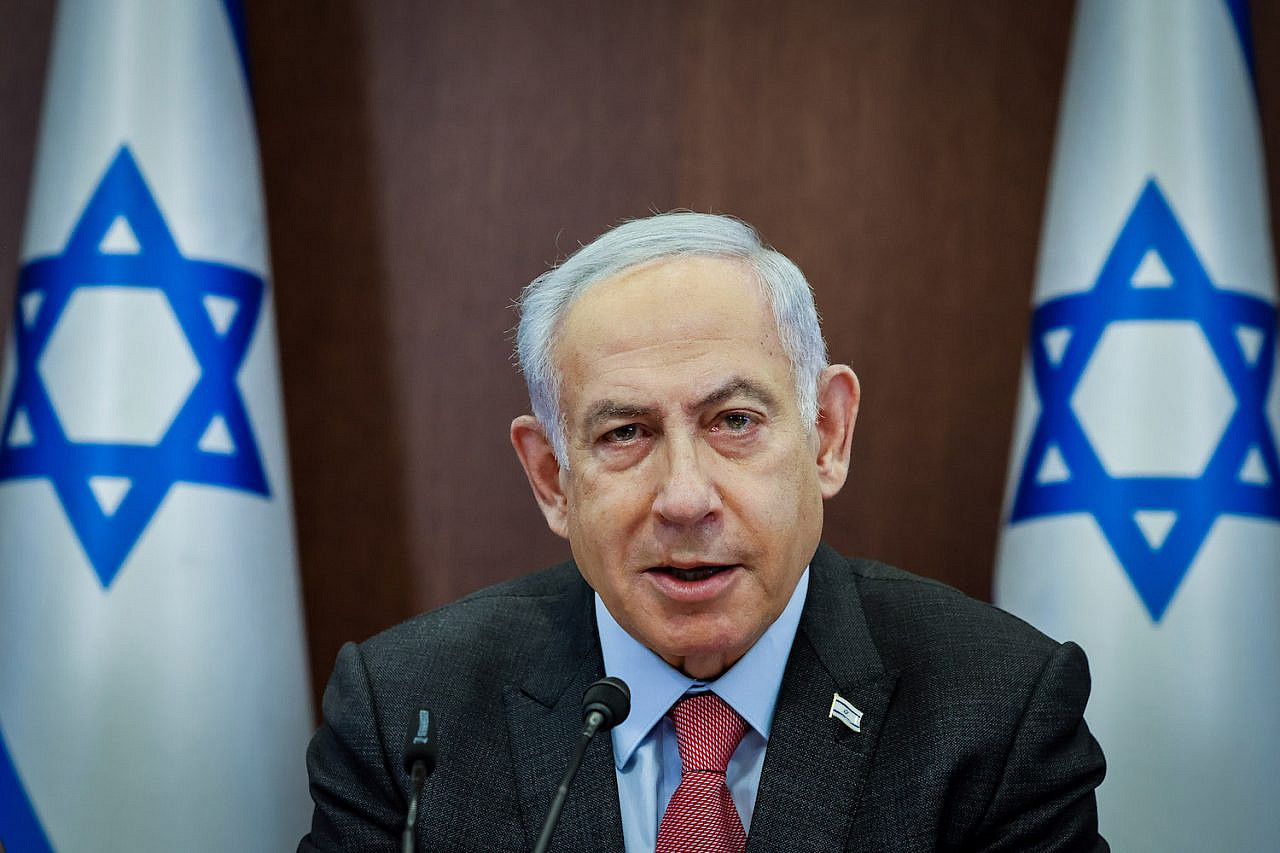 Israeli Prime Minister Benjamin Netanyahu during a cabinet meeting, Jerusalem, March 19, 2023. (Marc Israel Sellem/GPO)