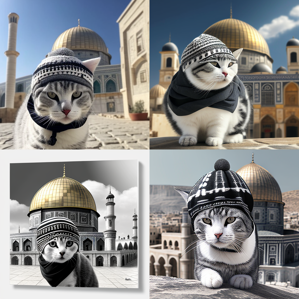 Images of a cat generated by AI with the prompts "Palestinian keffiyeh" and "Dome of the Rock". (Ameera Kawash)