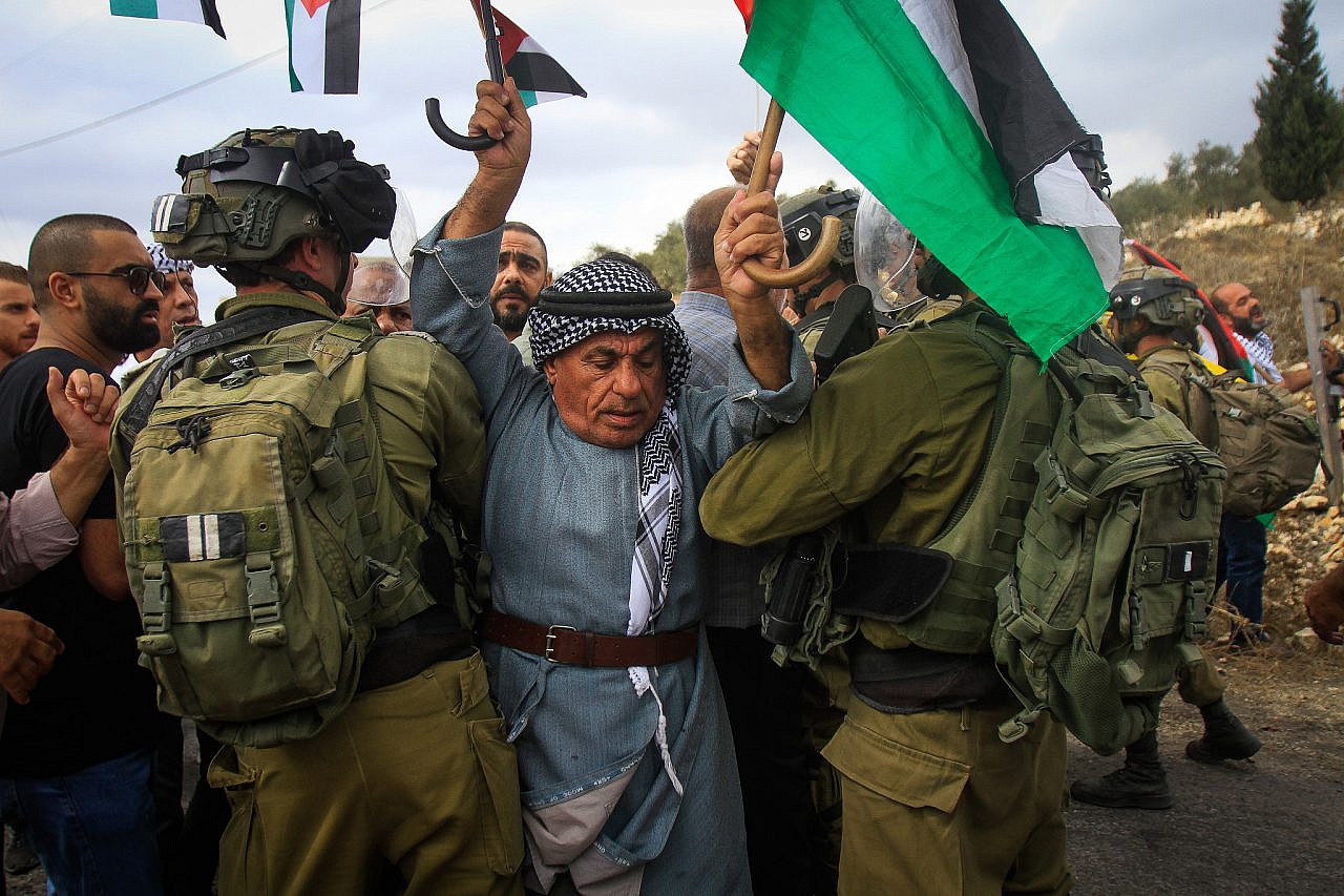 Israeli soldiers suppress a Palestinian protest in the village of Kafr Qaddum, near Nablus, occupied West Bank, October 7, 2022. (Nasser Ishtayeh/Flash90)