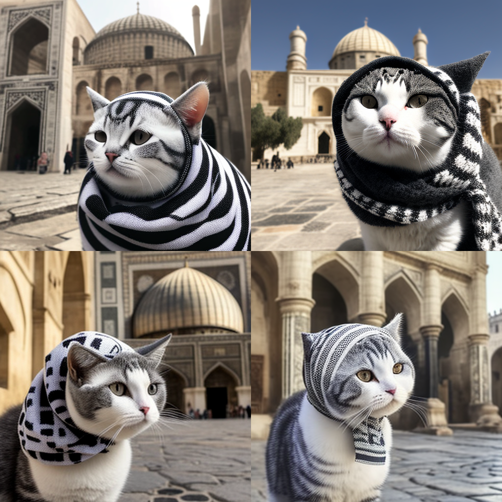 Images of a cat generated by AI with the prompts "Palestinian keffiyeh" and "Holy Sepulchre". (Ameera Kawash)