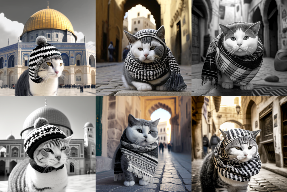 Images of a cat generated by AI with the prompts "Palestinian keffiyeh" and "Dome of the Rock" (left) or "Jerusalem street" (center and right). (Ameera Kawash)