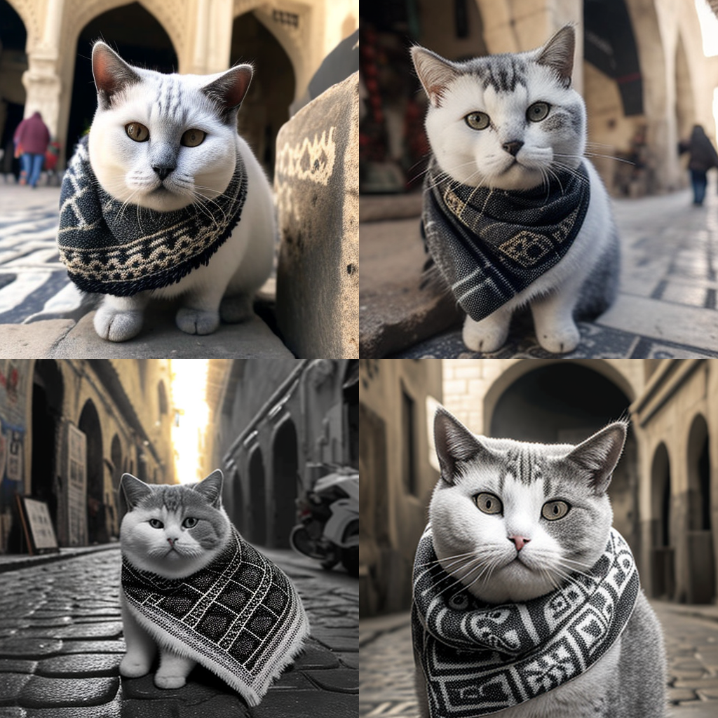 Images of a cat generated by AI with the prompts "Palestinian keffiyeh" and "Jerusalem street". (Ameera Kawash)