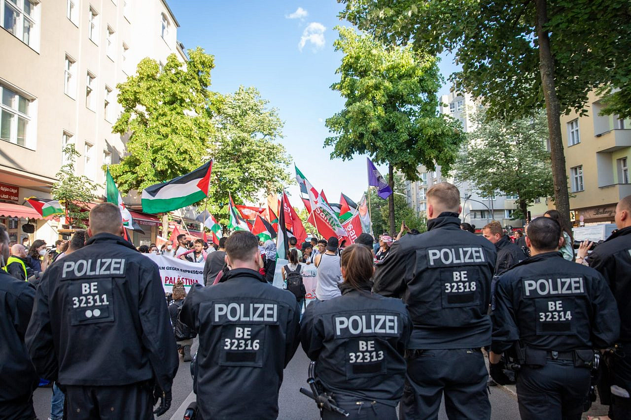 Berlin police observe a Palestinian protest in Berlin, April 11, 2023. (Courtesy Samidoun)