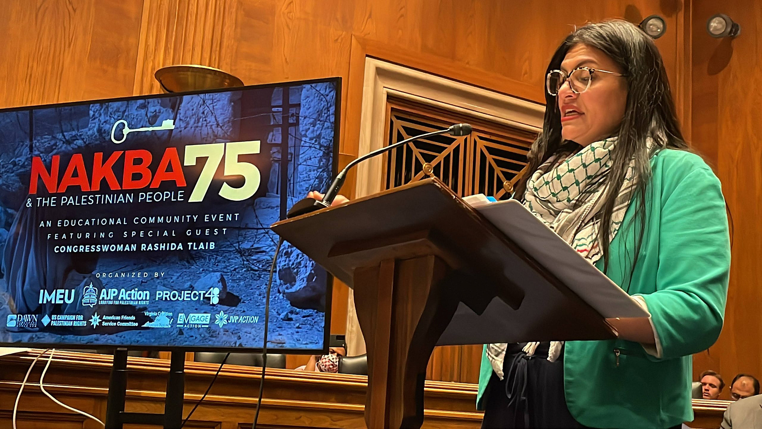 Rep. Rashida Tlaib speaking an event commemorating the 75th anniversary of the Nakba in Congress, Washington DC, May 10, 2023. (Courtesy of IMEU)