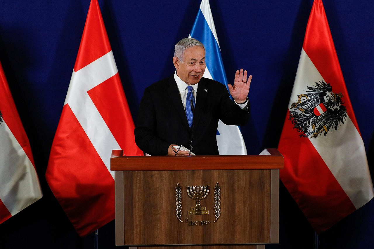 Israeli Prime Minister Benjamin Netanyahu speaks during a press conference with Denmark's Prime Minister Mette Frederiksen and Chancellor of Austria, Sebastian Kurz at the King David Hotel in Jerusalem on March 4, 2021. (Olivier Fitoussi/Flash90)