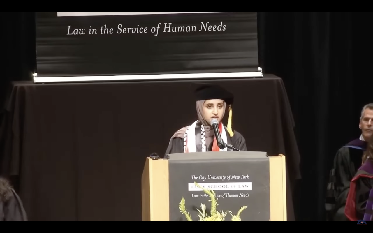 Fatima Mohammed delivers the commencement address at the CUNY School of Law's graduation ceremony. (Screenshot)