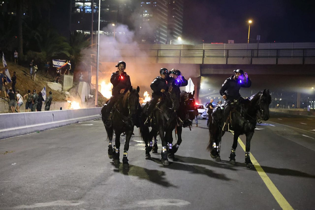 Israeli mounted police during an anti-government protest, Tel Aviv, July 20, 2023.
