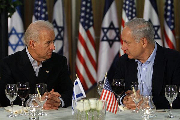 President Joe Biden and Prime Minister Benjamin Netanyahu attend a dinner at the Prime Minister's Residence in Jerusalem, March 9, 2010. (Miriam Alster/Flash90)