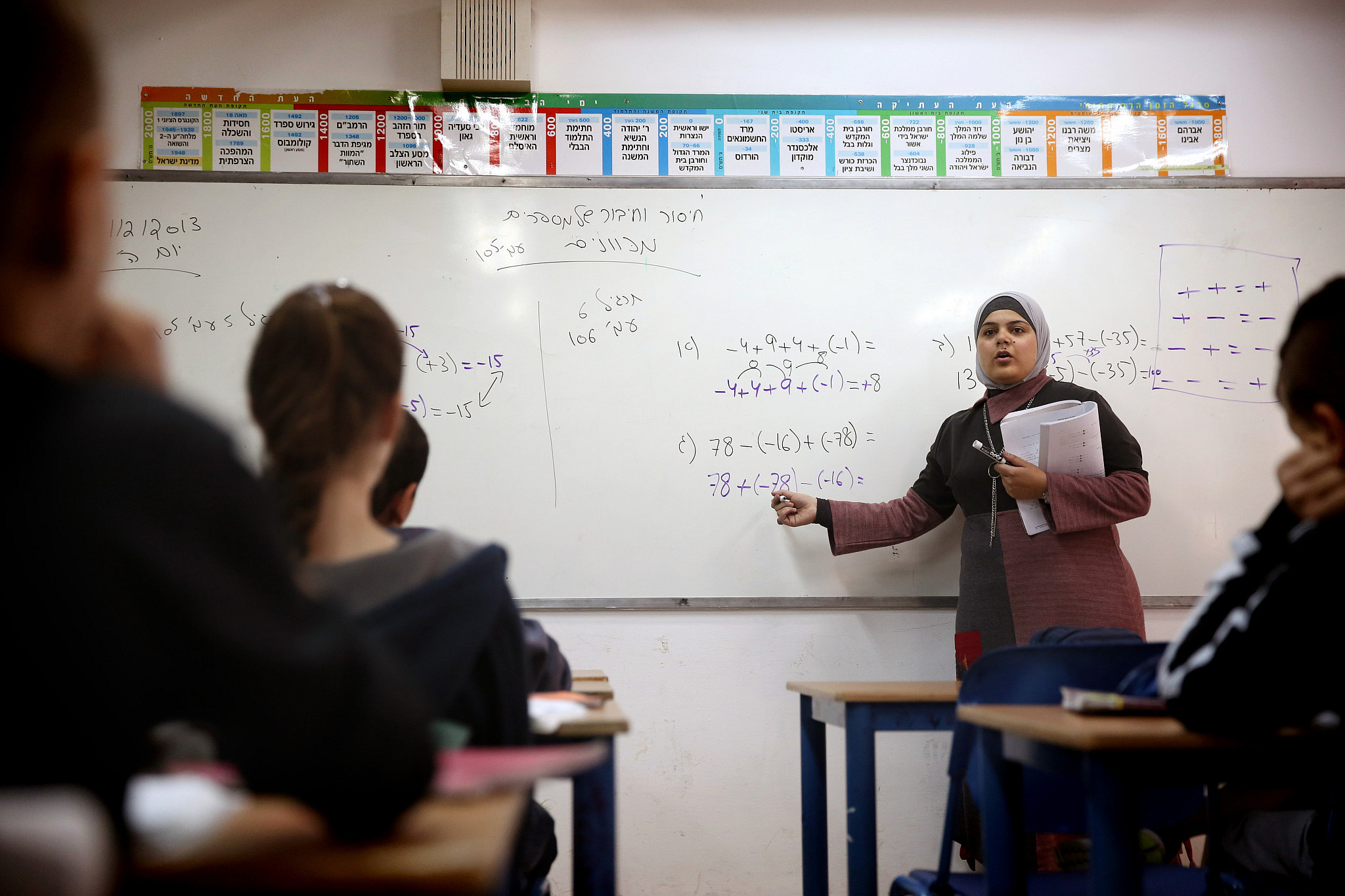 Arab teacher Nedaa Rabie in her classroom at the Gvanim Junior Highschool in Qadima , December 26, 2013. (Hadas Parush/Flash90)