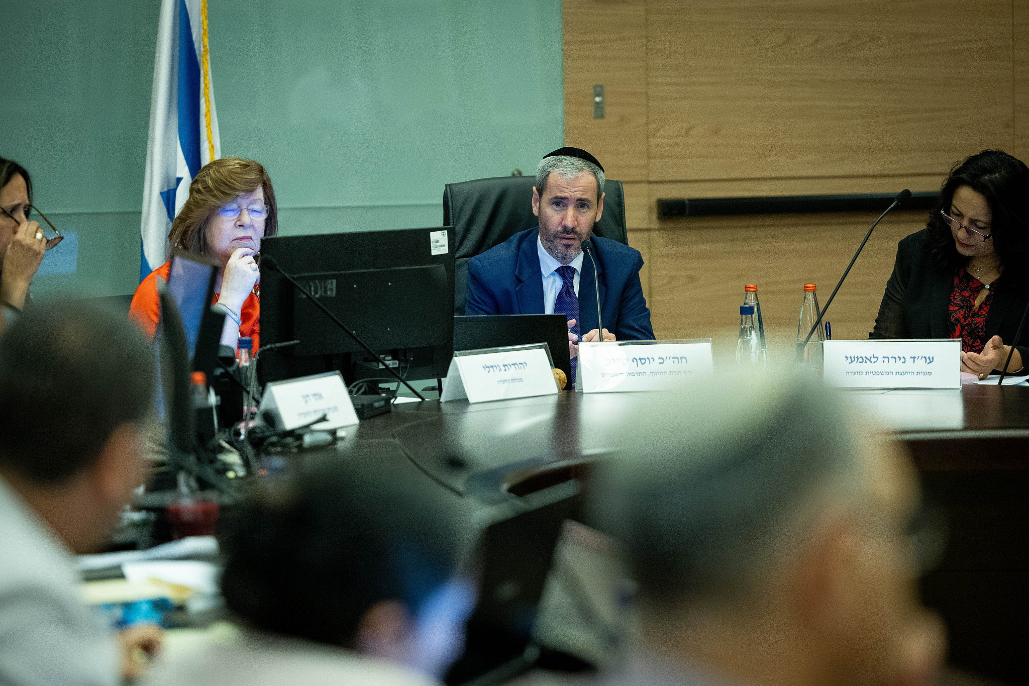 MK Yosef Taieb, head of the Education, Culture, and Sports Committee leads a Knesset committee meeting in Jerusalem, May 16, 2023. (Yonatan Sindel/Flash90)