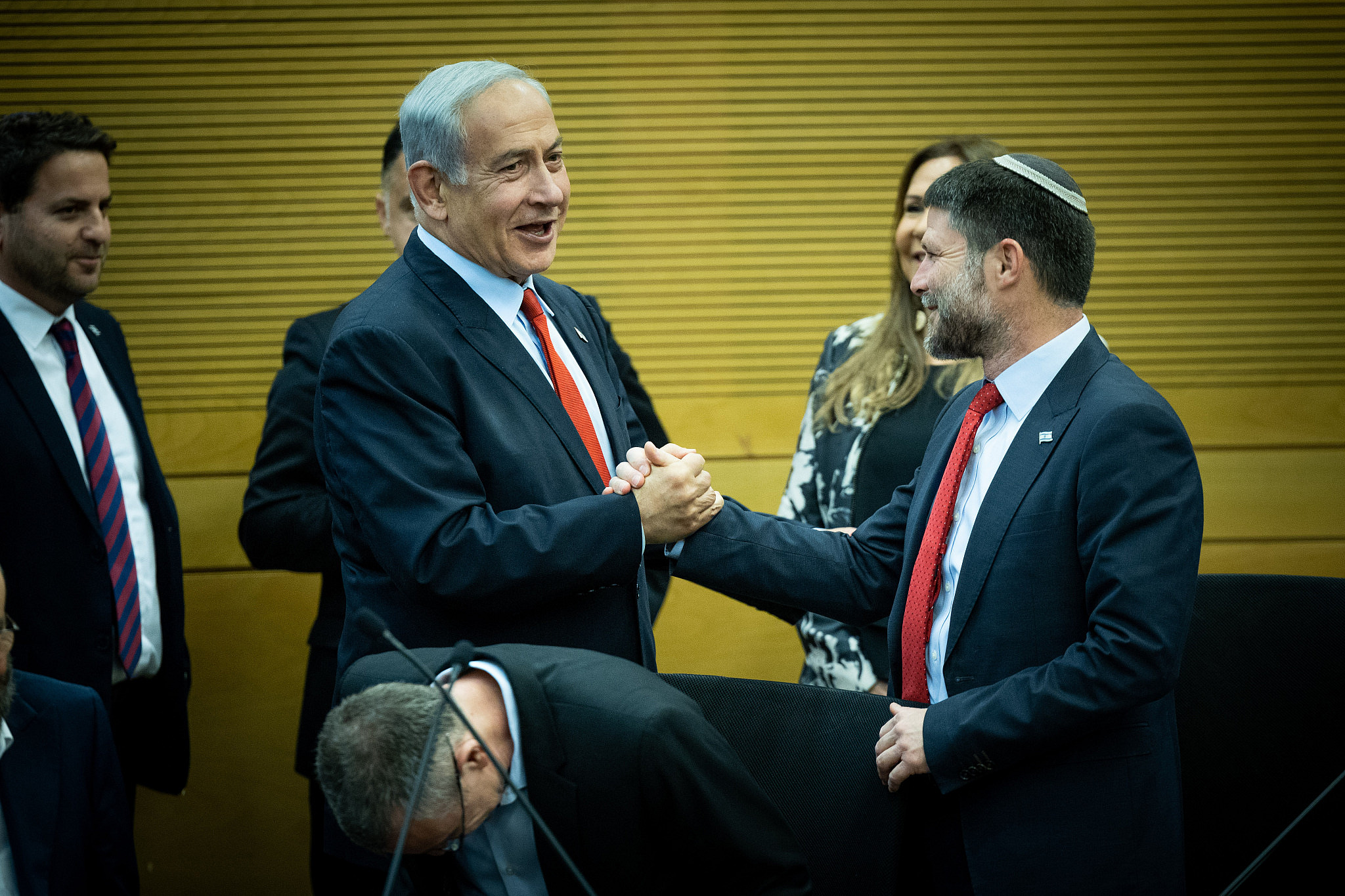 Israeli Prime Minister Benjamin Netanyahu and Minister of Finance Bezalel Smotrich attend a meeting on the planned state budget vote in the Knesset, May 23, 2023. (Yonatan Sindel/Flash90)