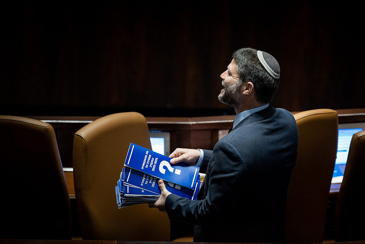 Israeli Finance Minister Bezalel Smotrich  during a discussion and vote on the state budget in the Knesset assembly hall, Jerusalem, May 23, 2023. (Yonatan Sindel/Flash90)