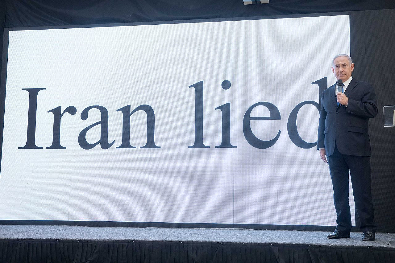 Prime Minister Benjamin Netanyahu exposes files supposedly proving Iran's ongoing nuclear program in a press conference at the government headquarters in Tel Aviv, April 30, 2018. (Miriam Alster/Flash90)