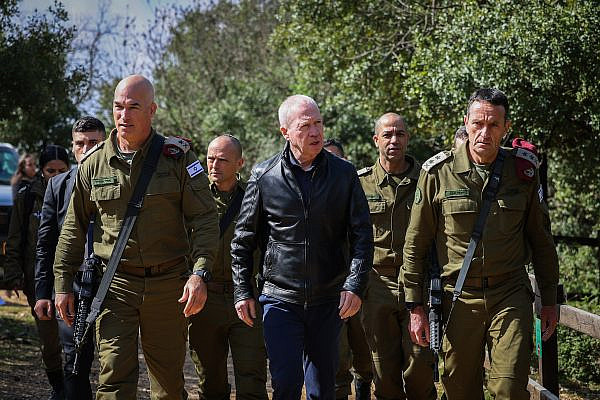 Defense Minister Yoav Gallant and  IDF Chief of Staff Herzi Halevi during a tour near the border with Lebanon, northern Israel, March 16, 2023. (David Cohen/Flash90)