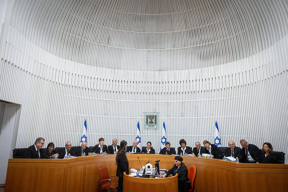 All 15 justices of Israel's High Court sit for a hearing on petitions against the government's amendment to Basic Law: The Judiciary, Jerusalem, September 12, 2023. (Yonatan Sindel/Flash90)