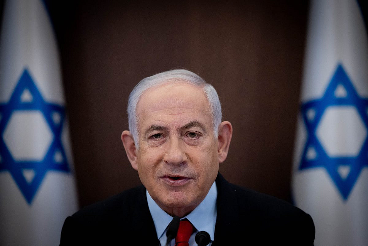 Israeli Prime Minister Benjamin Netanyahu leads a government conference at the Prime Minister's Office in Jerusalem, September 27, 2023. (Chaim Goldberg/Flash90)