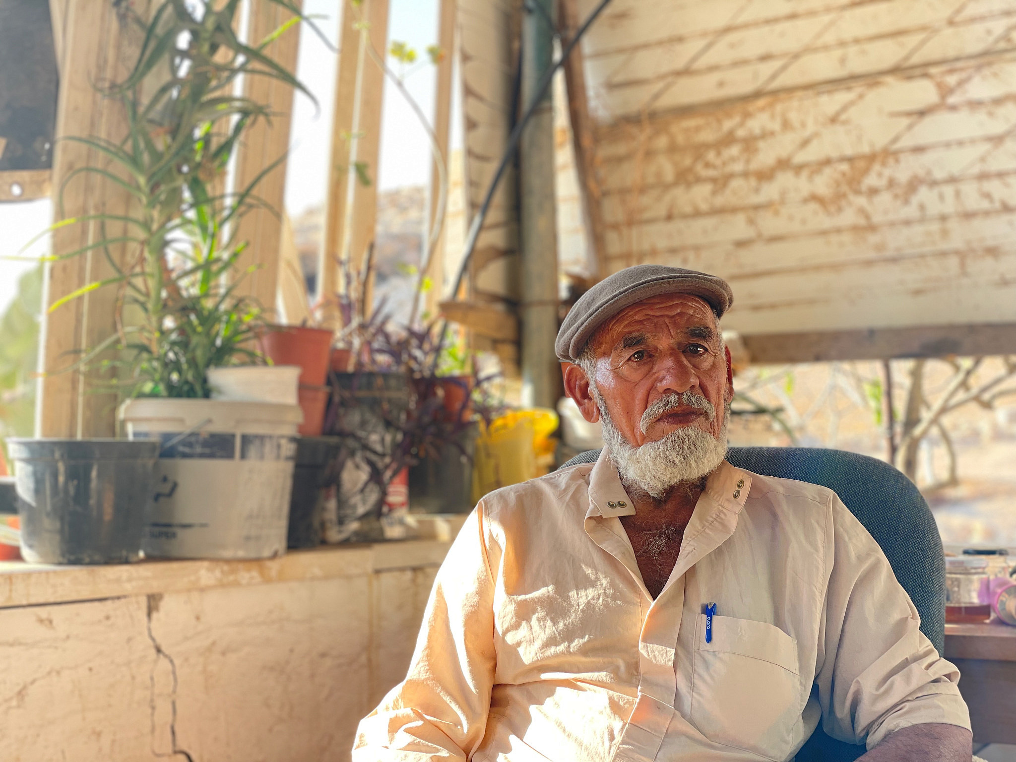 Issa Abu El-Kbash (Abu Shafi) in his home in Khirbet Ar-Ratheem, West Bank. (Natasha Westheimer)
