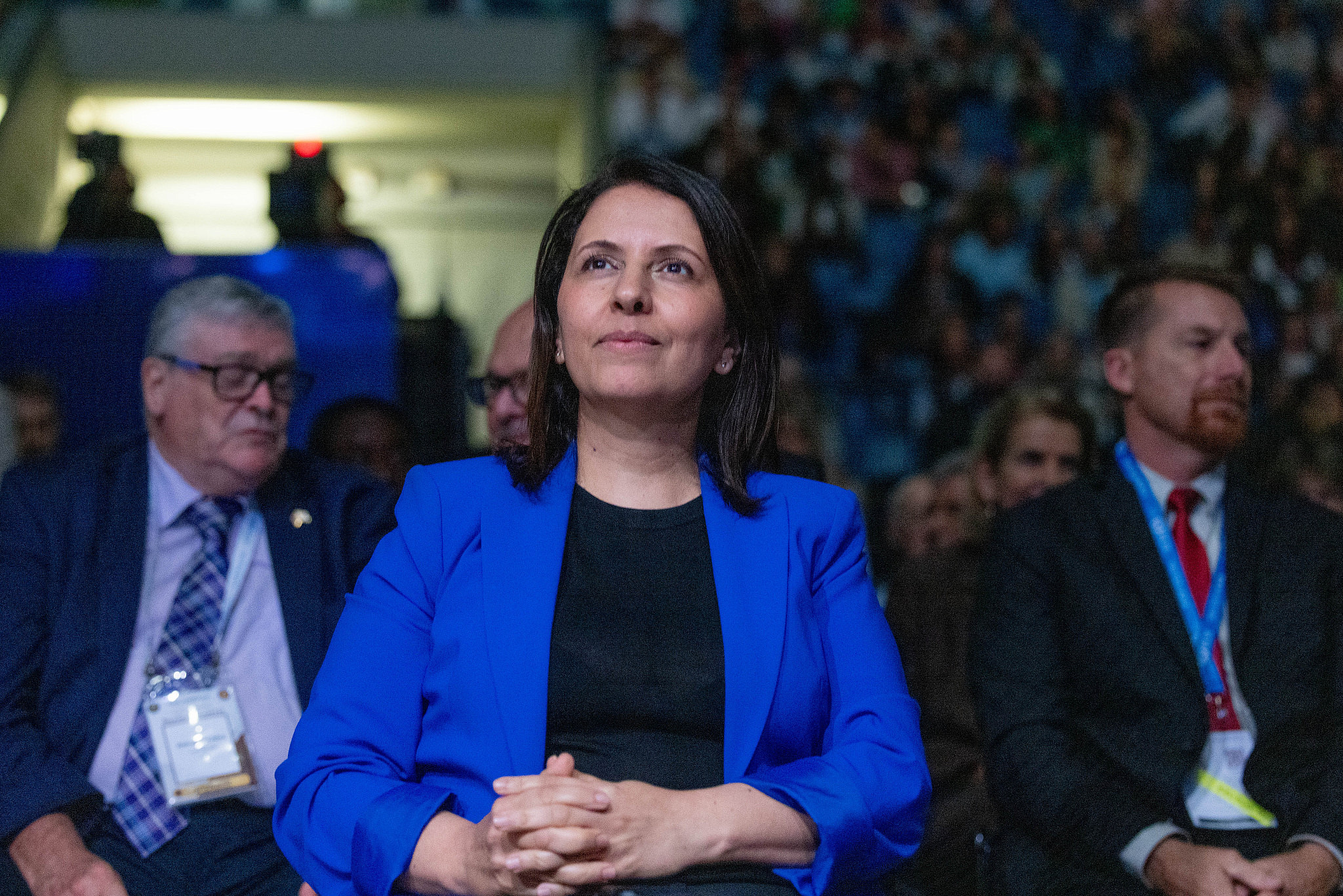 Israeli Intelligence Minister Gila Gamliel attends the Christian Feast of Tabernacles event organized by the Jerusalem Christian Embassy, held at the Arena stadium in Jerusalem, October 3, 2023. (Chaim Goldberg/Flash90)