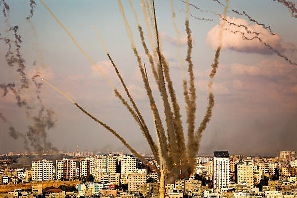 Rockets are fired from the southern part of the Gaza Strip toward Israel, October 10, 2023. (Atia Mohammed/Flash90)