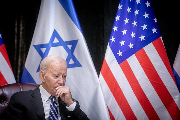 U.S. President Joe Biden during a meeting with Israeli Prime Minister Benjamin Netanyahu, Tel Aviv, October 18, 2023. (Miriam Alster/Flash90)