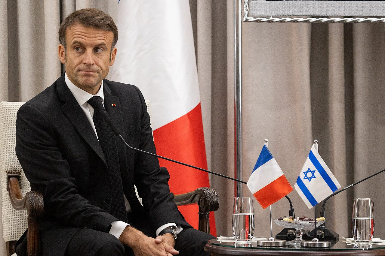 French President Emmanuel Macron during a meeting with Israeli president Isaac Herzog at the President's Residence in Jerusalem, October 24, 2023. (Oren Ben Hakoon/POOL)