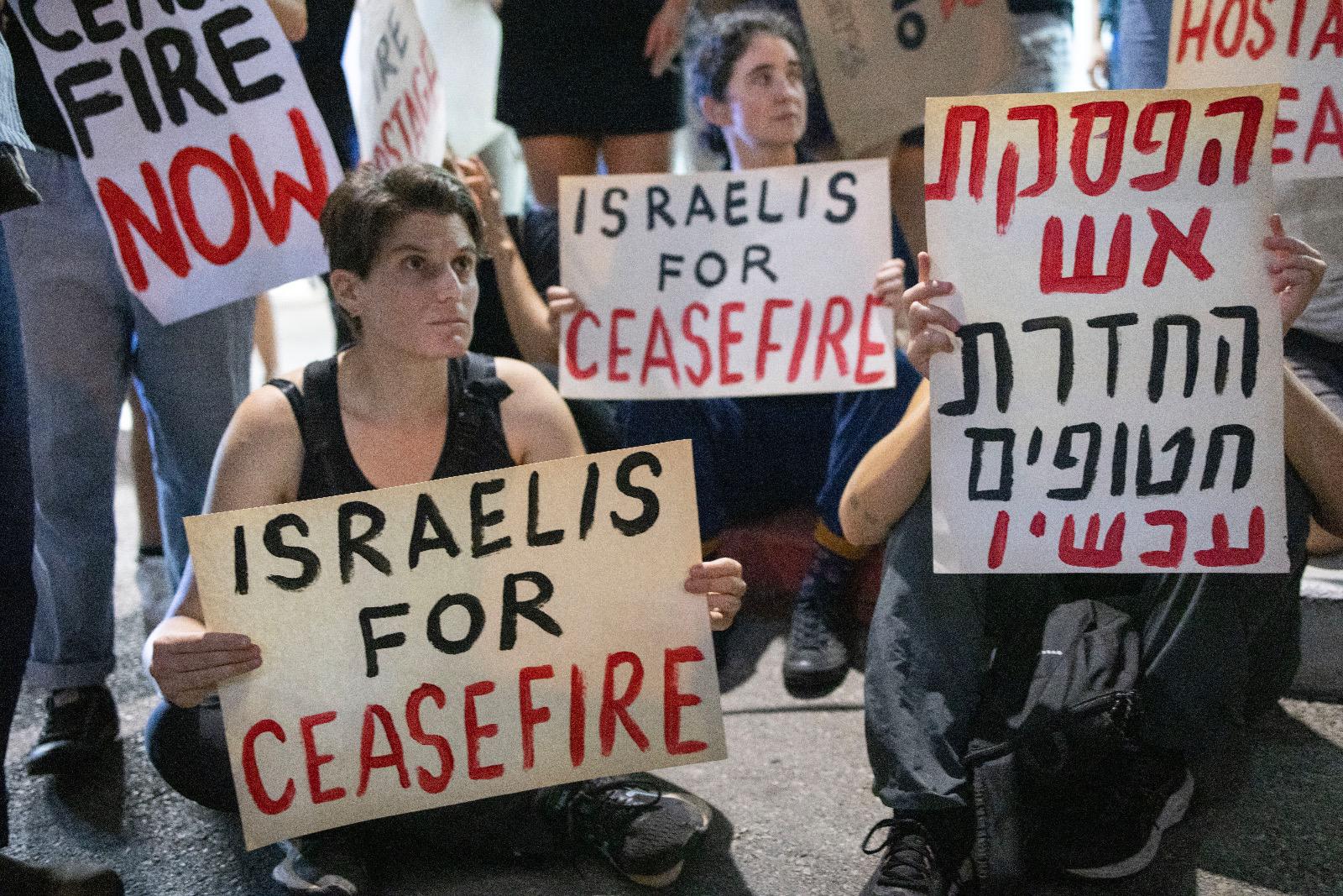 Israeli protesters demonstrate outside the Israeli army's headquarters in Tel Aviv, calling for a ceasefire in the war on Gaza, October 28, 2023. (Oren Ziv)