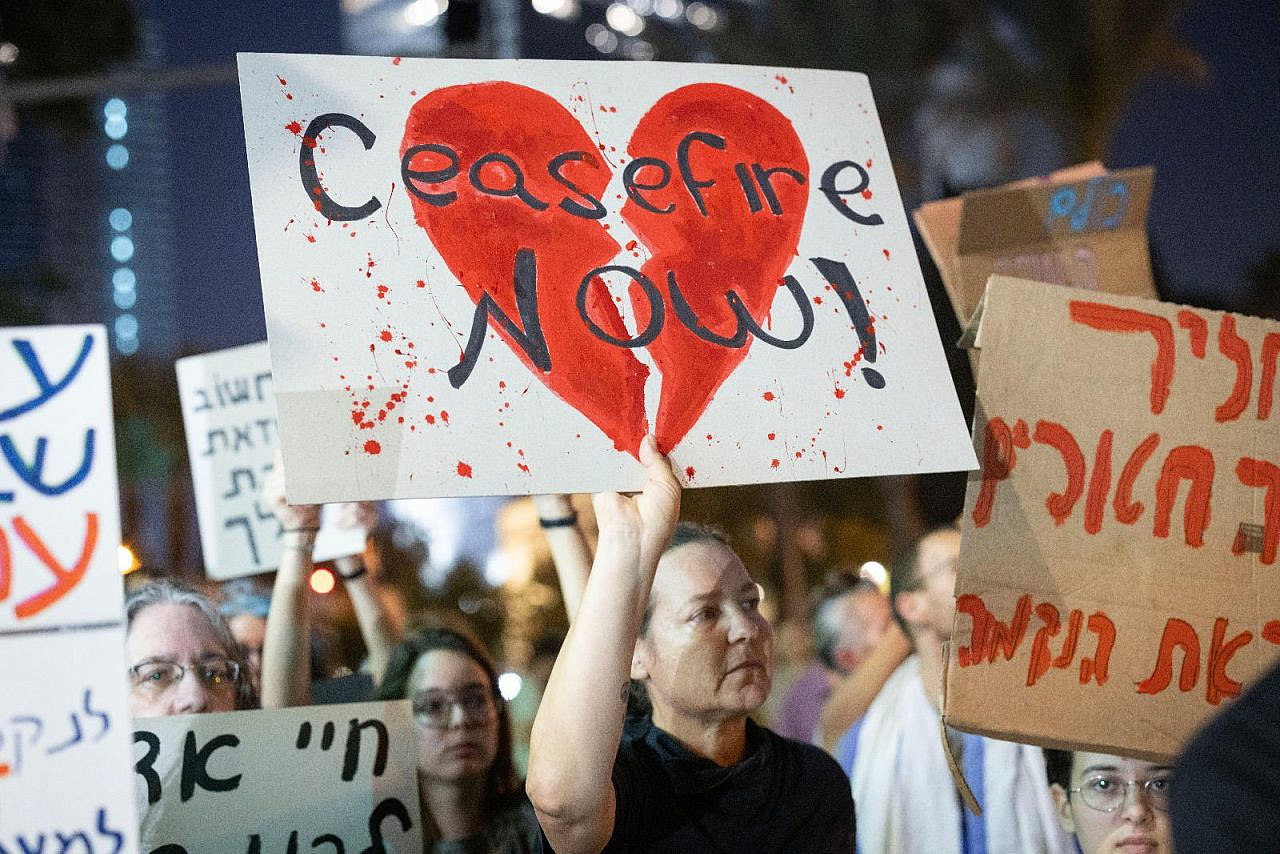 Israeli protesters demonstrate outside the Israeli army's headquarters in Tel Aviv, calling for a ceasefire in the war on Gaza, October 28, 2023. (Oren Ziv)