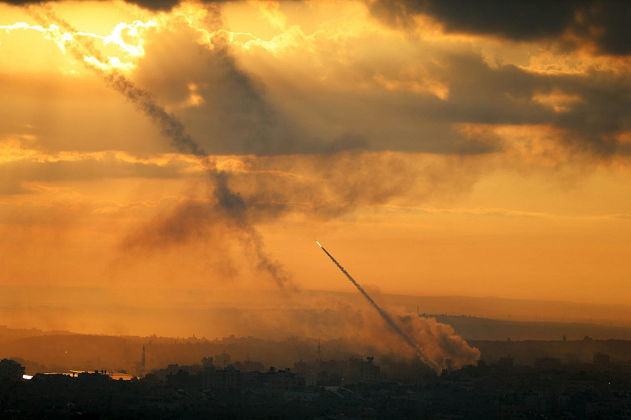 A rocket is launched by Palestinian militants from the Gaza Strip, October 7, 2023. (Mohammed Zaanoun)