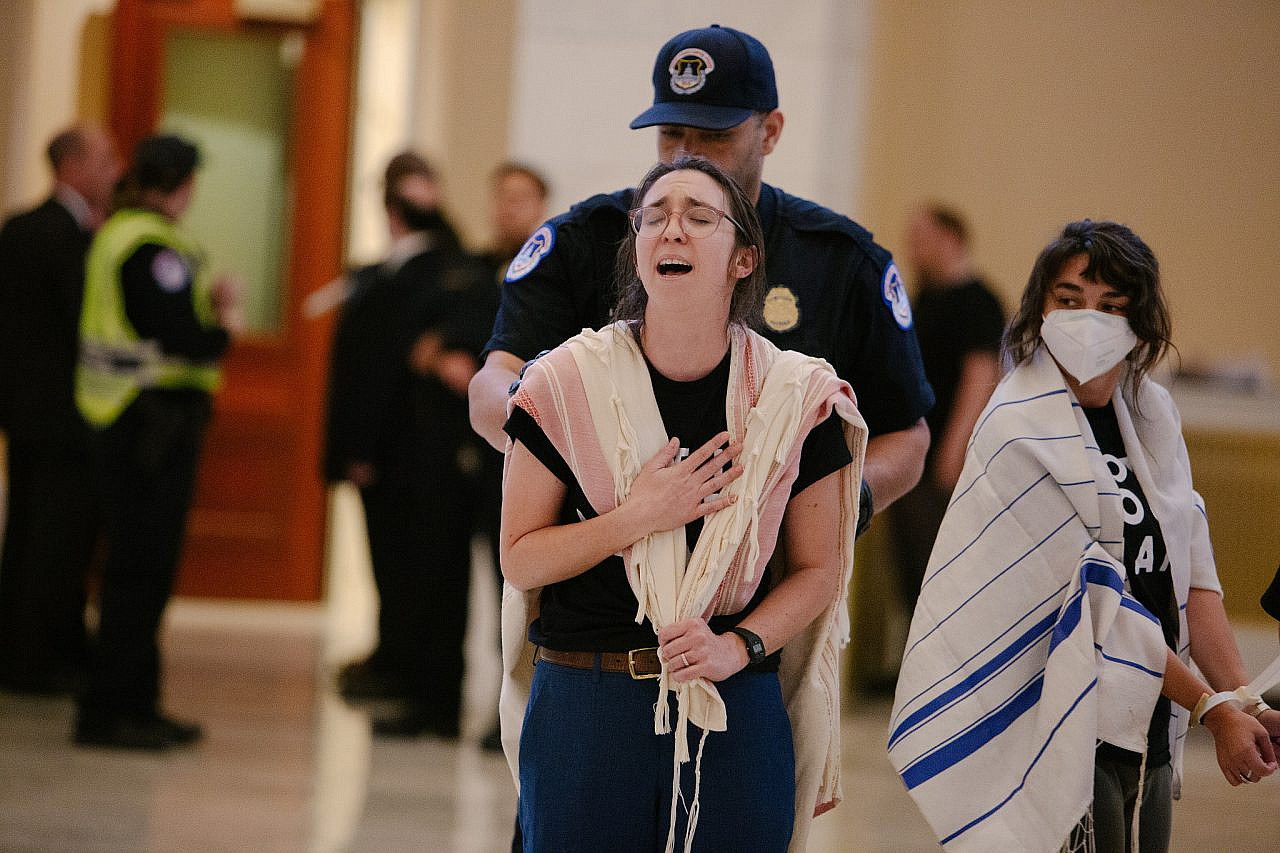 Rabbinical student Josie Felt is arrested during a sit-in at the Cannon House Office Building on Capitol Hill, Washington, D.C., October 18, 2023. (Rachael Warriner)